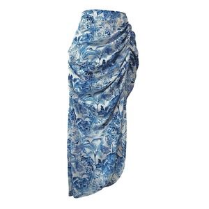 Cider Landscape Painting Ruched Midi Skirt Asymmetrical High Slit Blue White Med